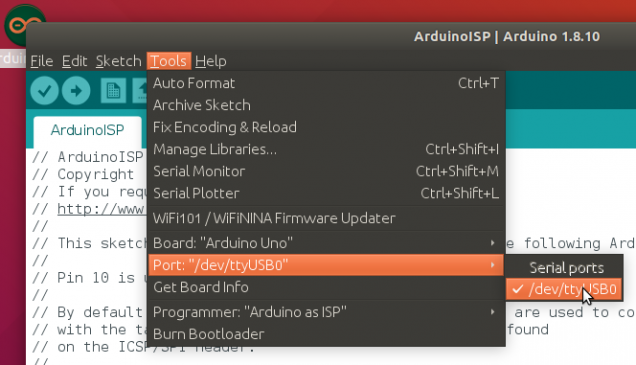 ArduinoISP set Port