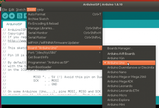 ArduinoISP set Board Type